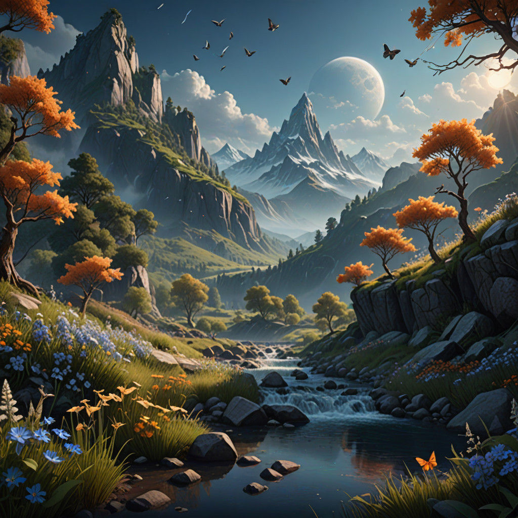 Fantasy Landscape with Whimsical Creatures in Volumetric Lig...