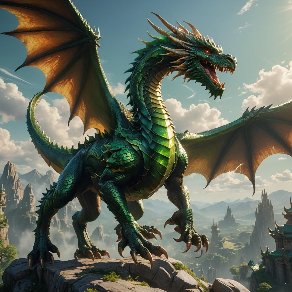 Emerald Dragon Soaring: Fantasy Creature Art