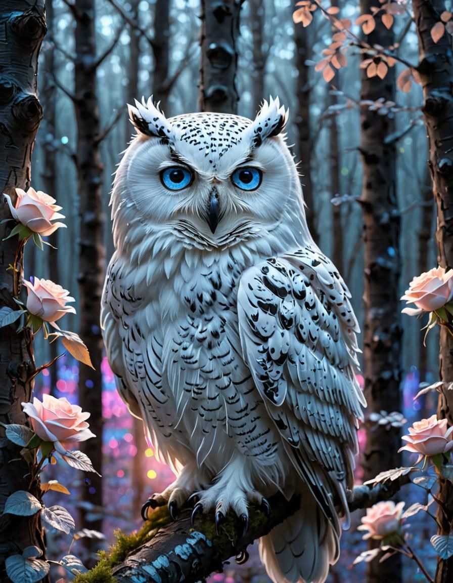 Holographic White Owl in Neon Lit Forest