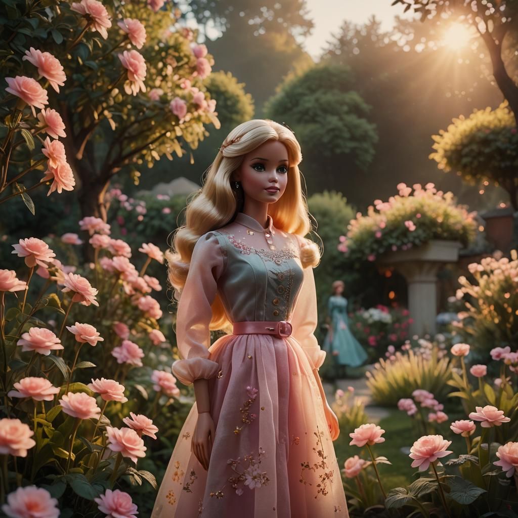 Barbie in a Misty Sunset Garden: Cinematic Film Still