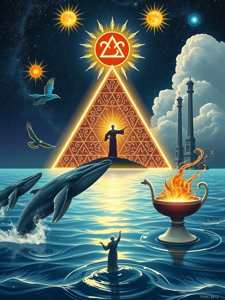 Whales Dance Under Celestial Water Stars in a Mystical Realm