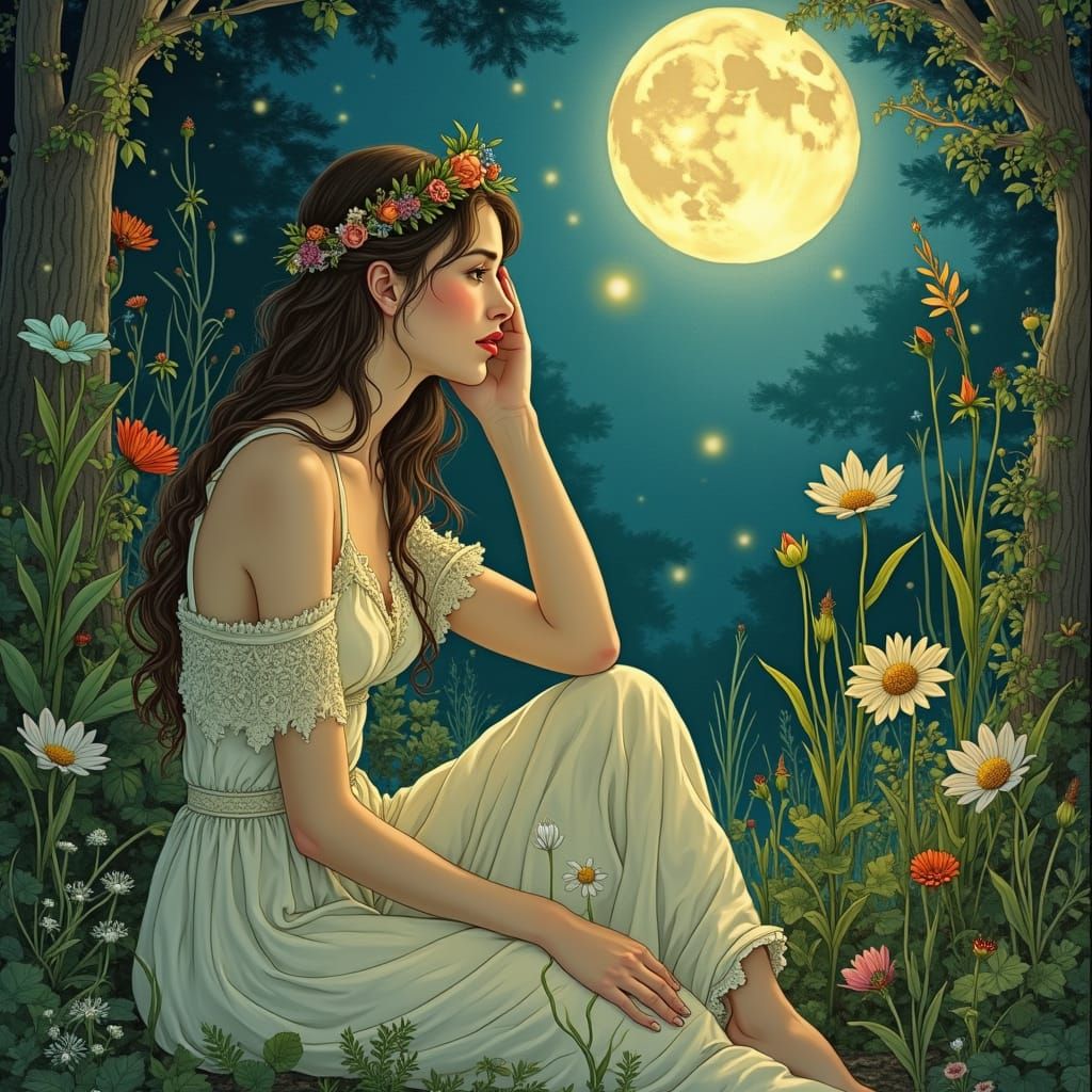 Ethereal Moonlit Garden Scene in Dreamy Watercolor Style