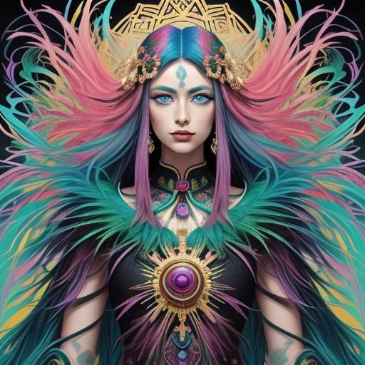 Rainbow Woman Portrait with Peacock Feathers, Digital Art