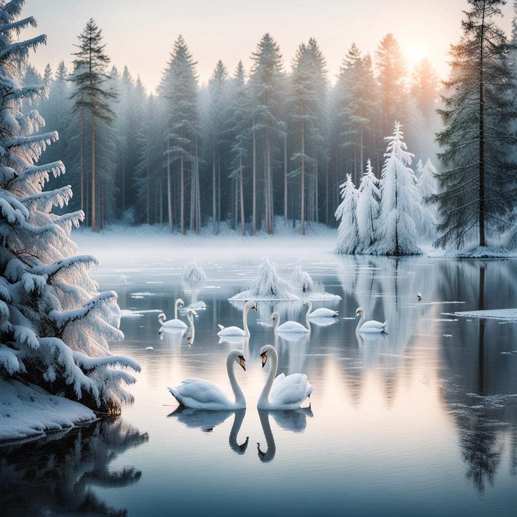 Serene Winter Landscape with Swans in Golden Light