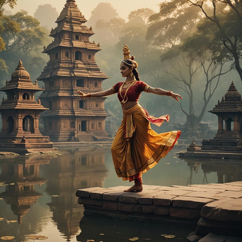 Indian Dancer by Lakeside Temple in Digital Art