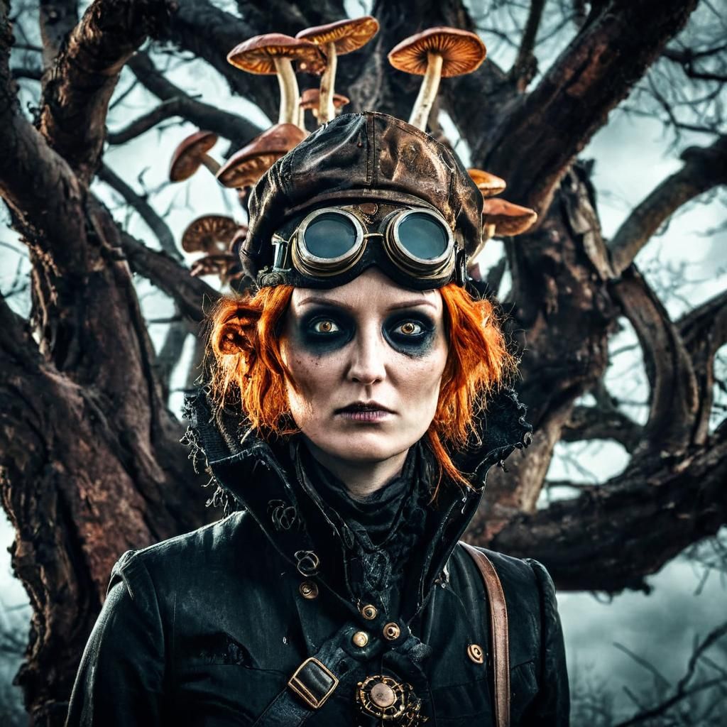 Mushroom Steampunk Woman Portrait in Dark Fantasy Style