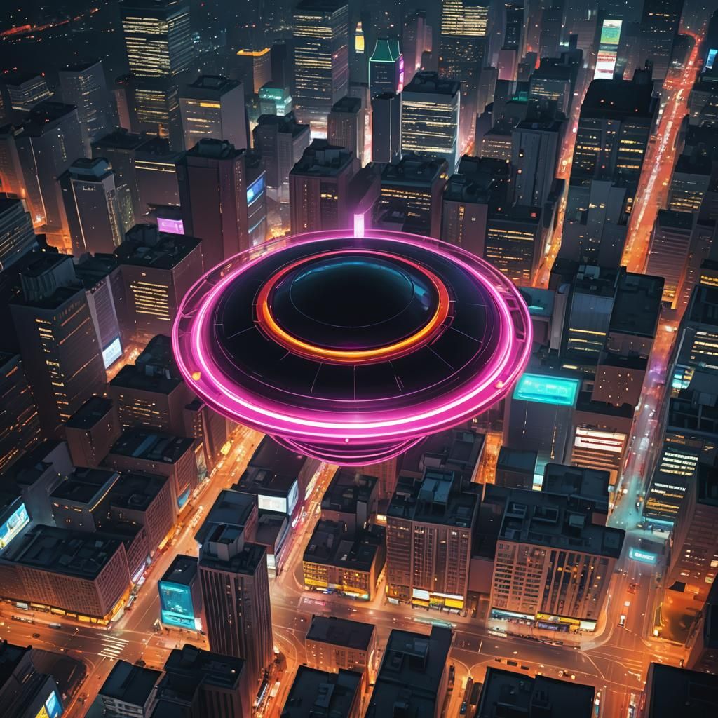 UFO Lands in Neon City: Photorealistic Abstract Art