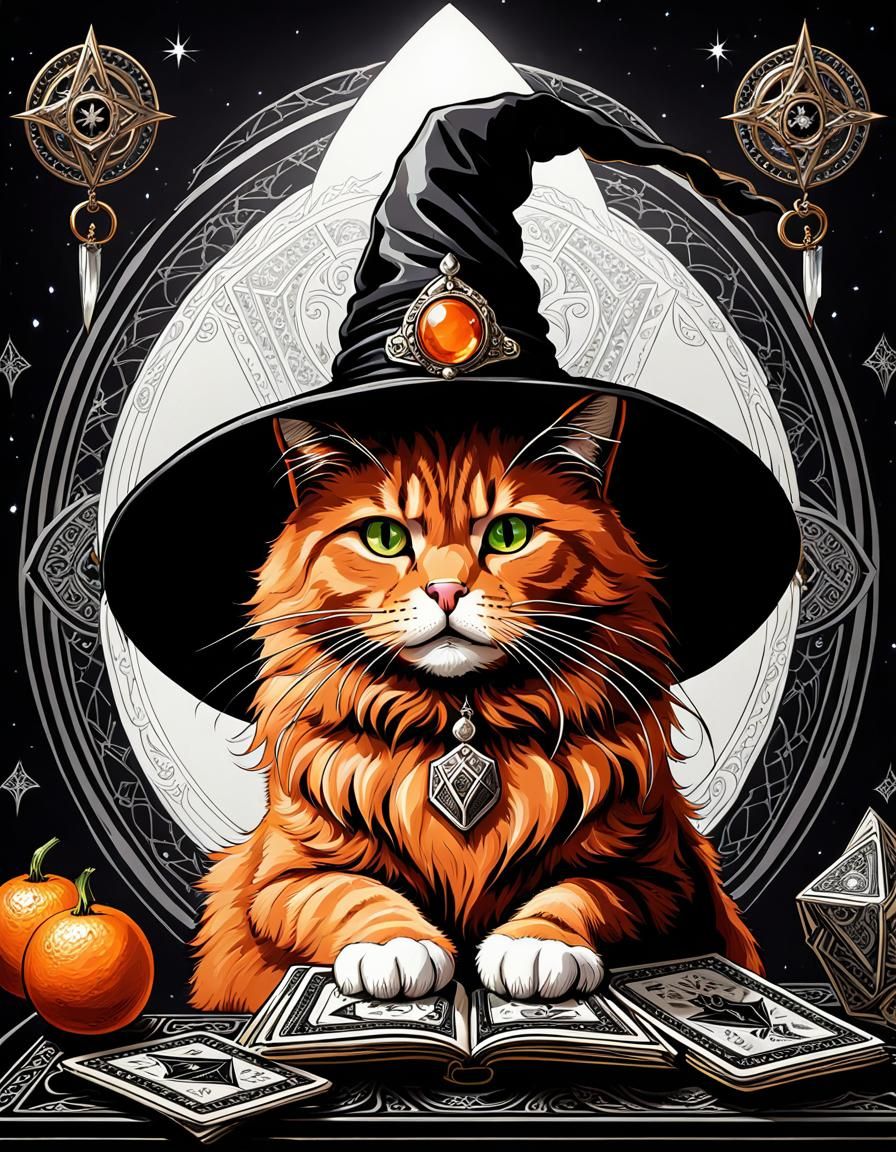 Orange Cat Witch Portrait in Dark Fantasy Style