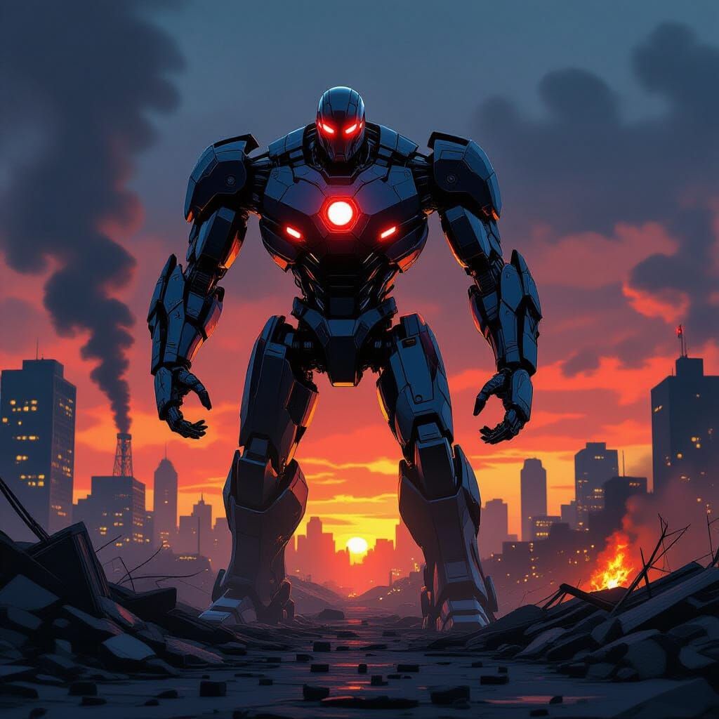 Menacing Ultron Robot in Destroyed City
