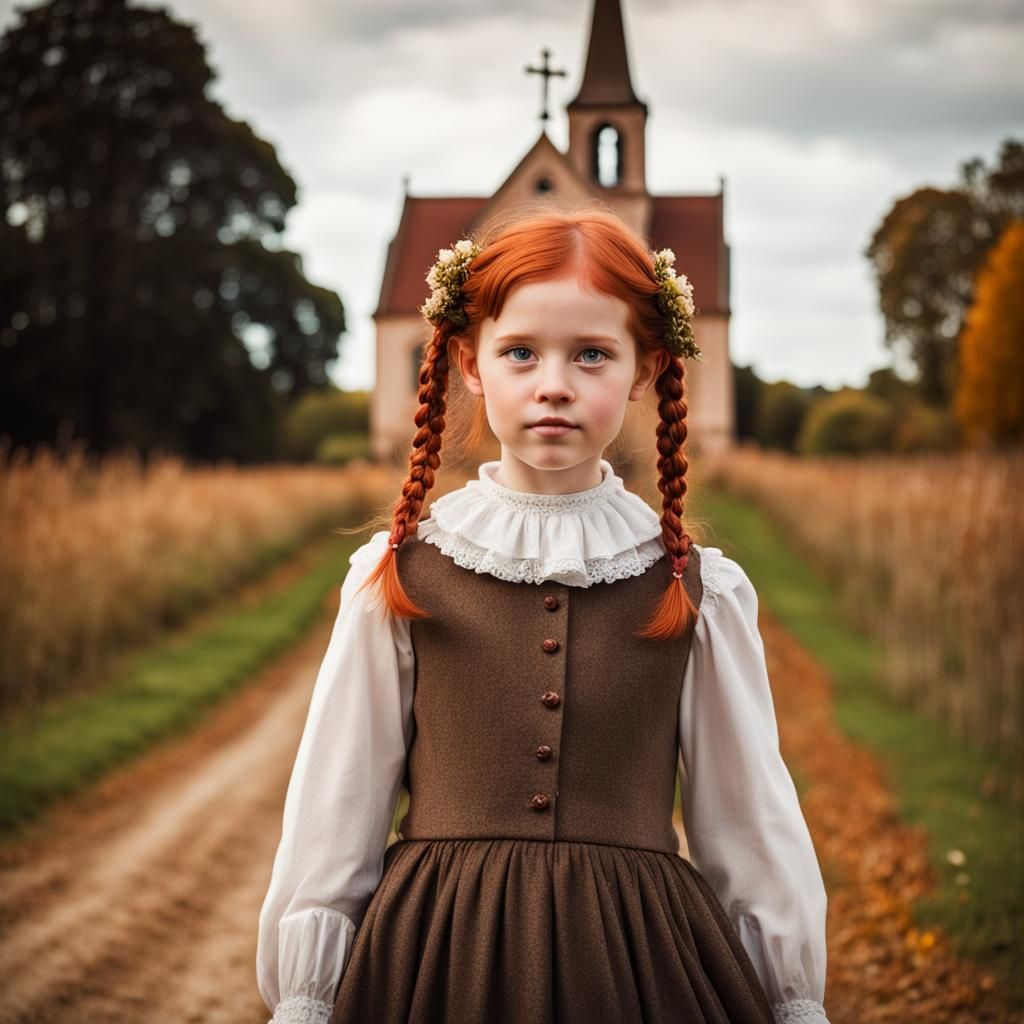 Victorian Redhead Girl Walks Country Road