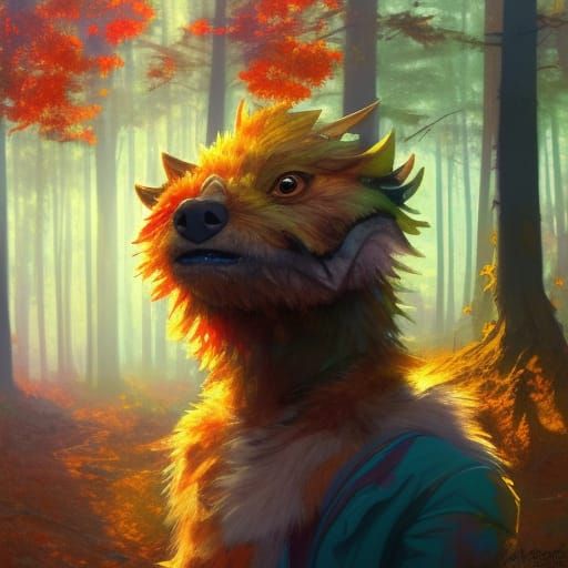 Cute Furry Monster in Colorful Autumn Woods