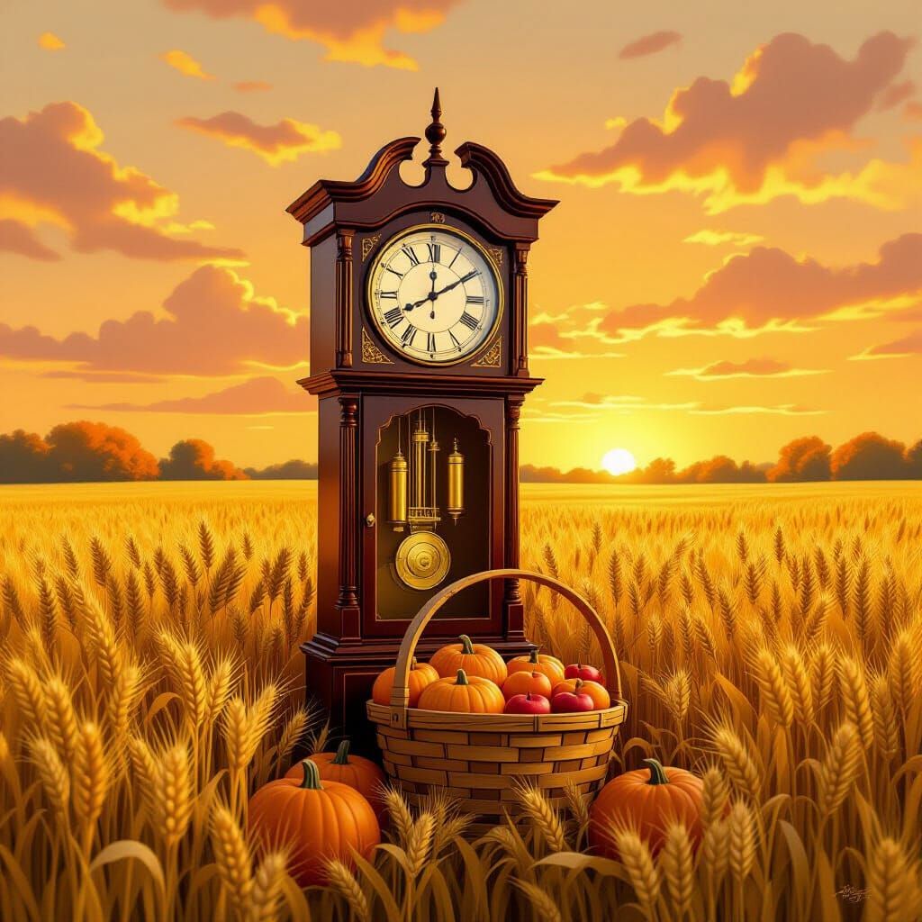 Grandfather Clock in Golden Wheat Field Under Autumn Sky