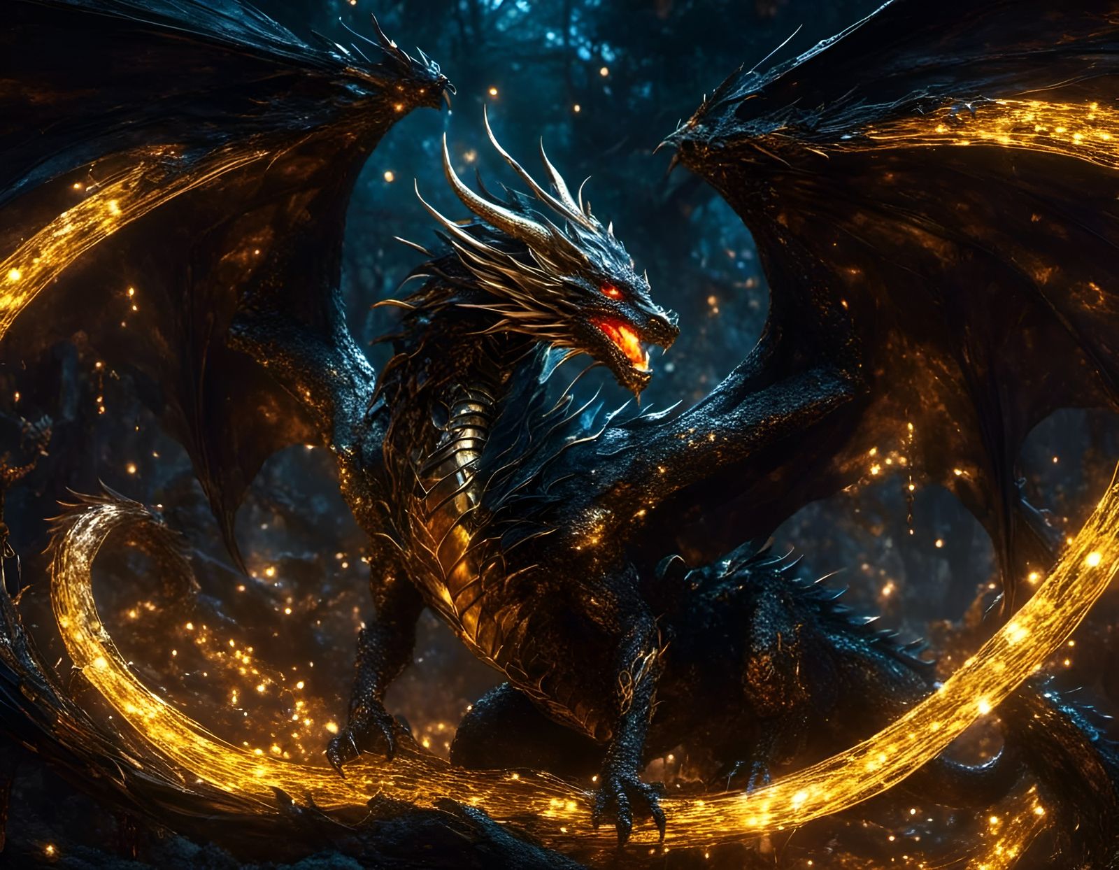 Majestic Dark Dragon in Black and Gold