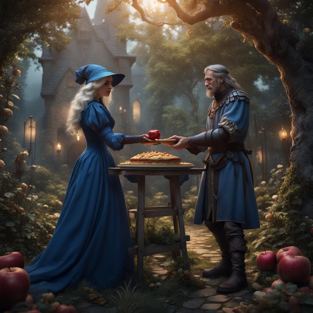 Medieval Soldier Offers Pie to Witch in Garden