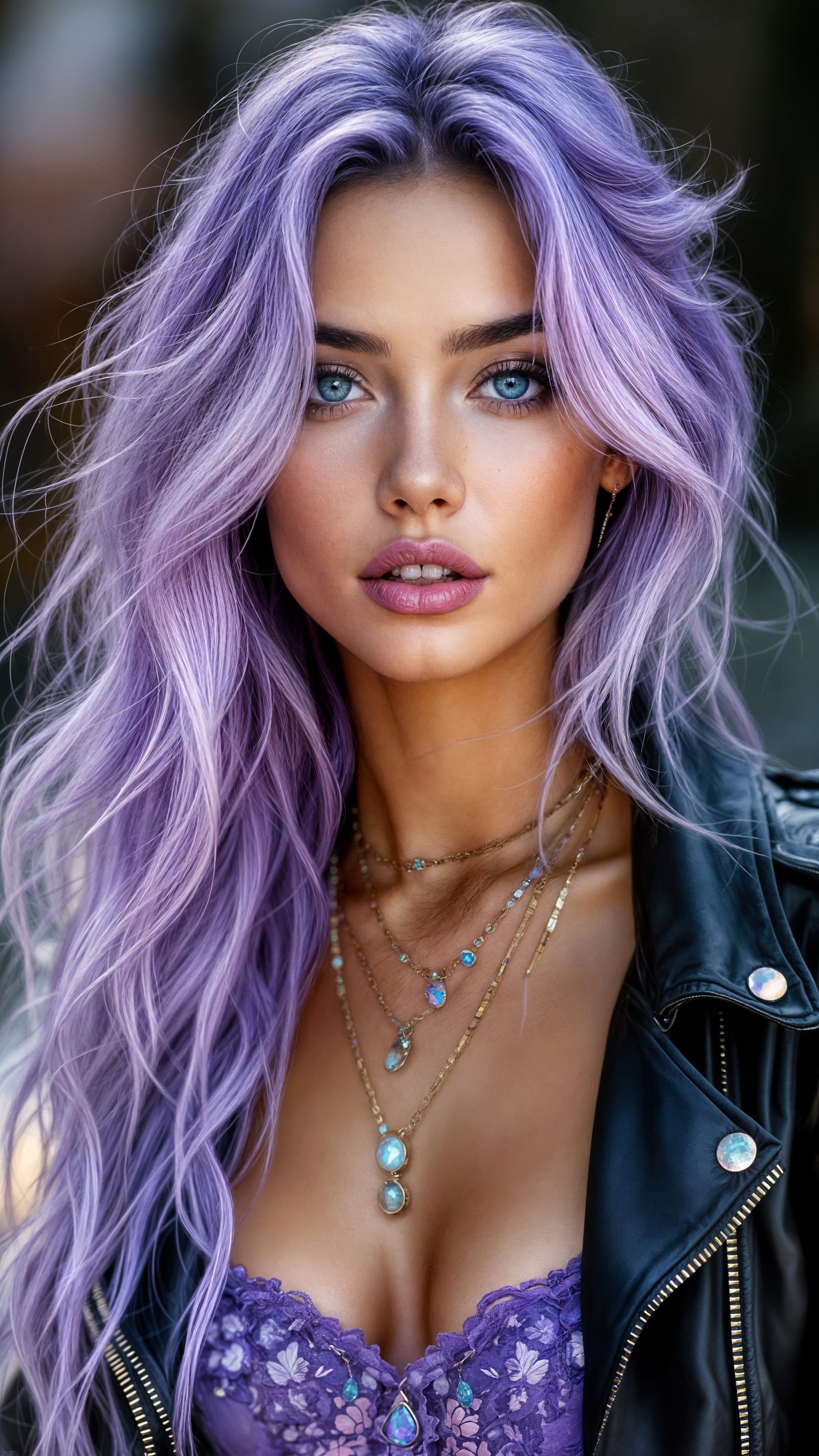 Hyper-Realistic Woman with Lavender Hair in a Bohemian Setti...