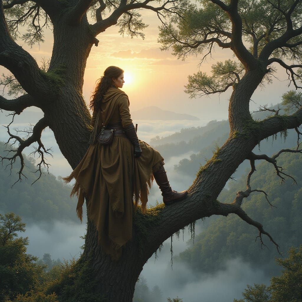 Dunedain Ranger Silhouetted in Forest Tree at Sunset