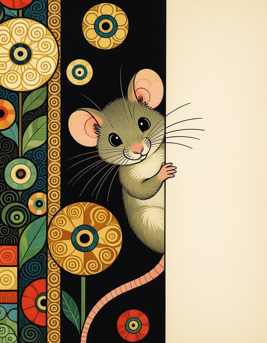 Shy Mouse in Library, Art Nouveau Style