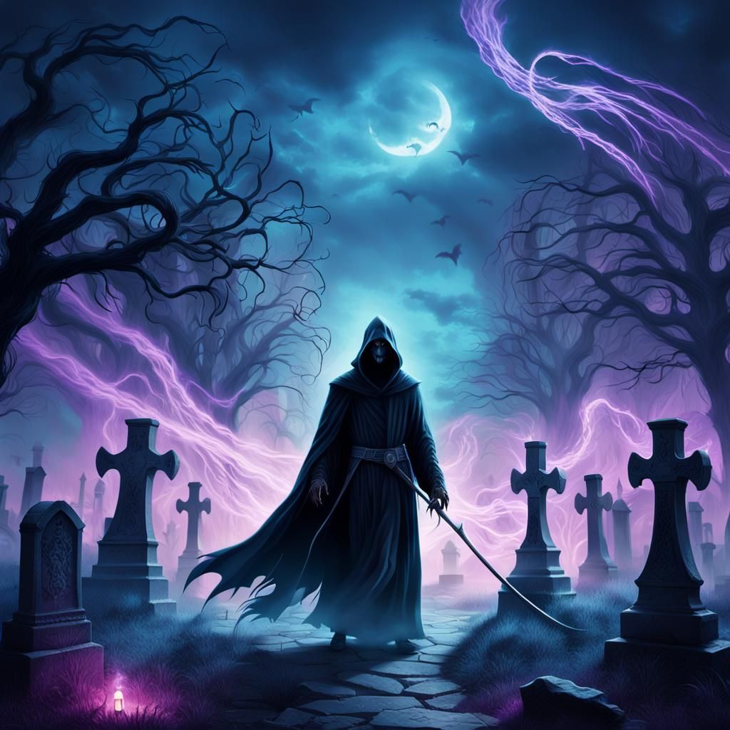Eerie Grim Reaper in Graveyard: Dark Fantasy Illustration