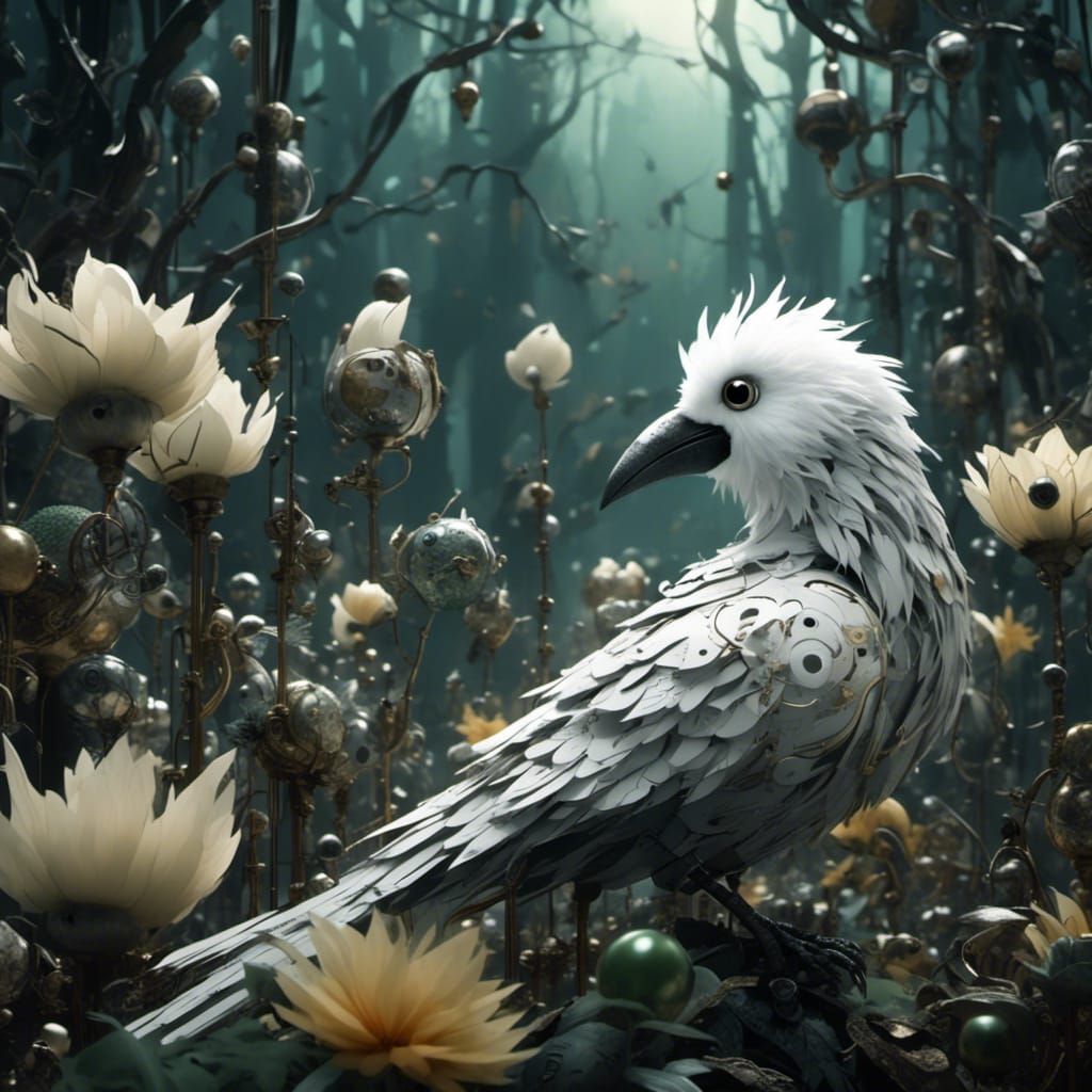 Carnivorous Flowers Guarded by White Bird in Misty Forest