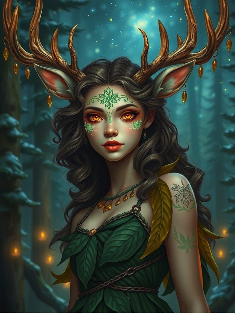 Fantasy Deer Elf in Bioluminescent Forest