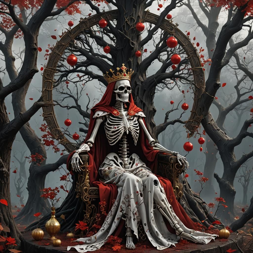 The Queen Tarot Card with Skeleton and Symbols