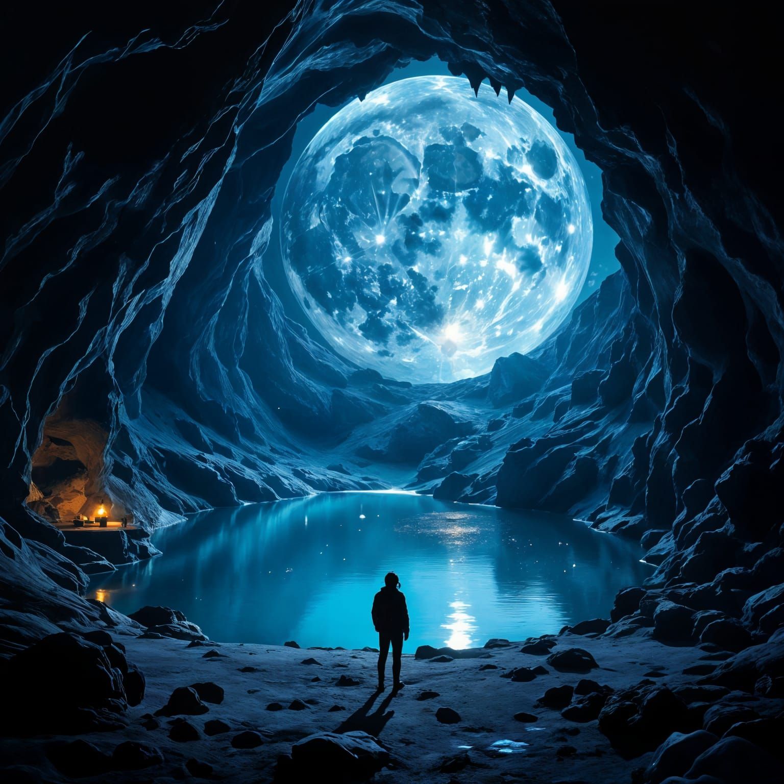 Vast Starry Cavern With Lamplit Pool