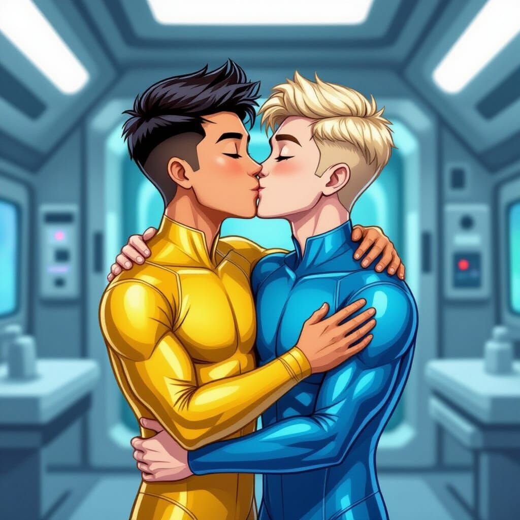 Asian Spaceship Captain and Doctor Kissing in Cartoon Style