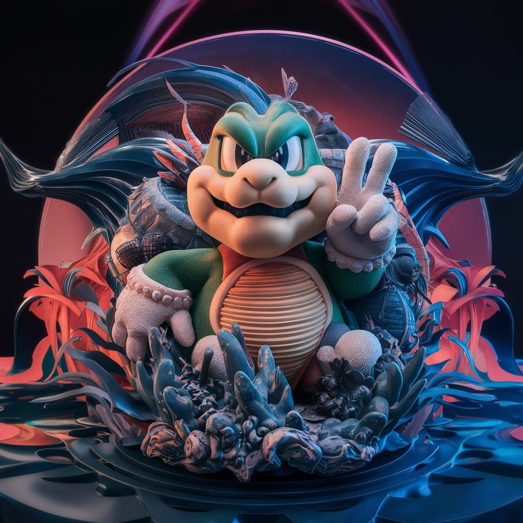Lemmy Koopa Gives Peace Sign in Surreal Landscape