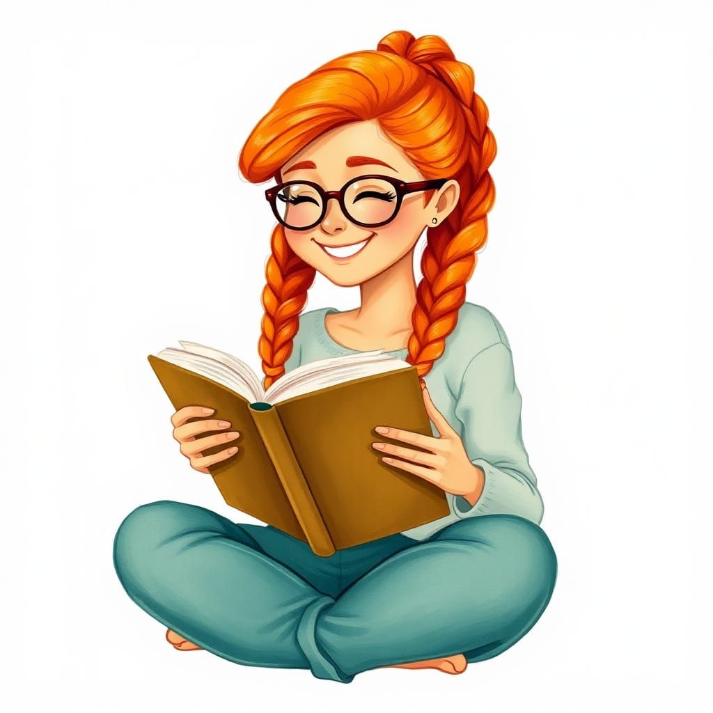 Whimsical Ginger Woman Reading, Gouache Art