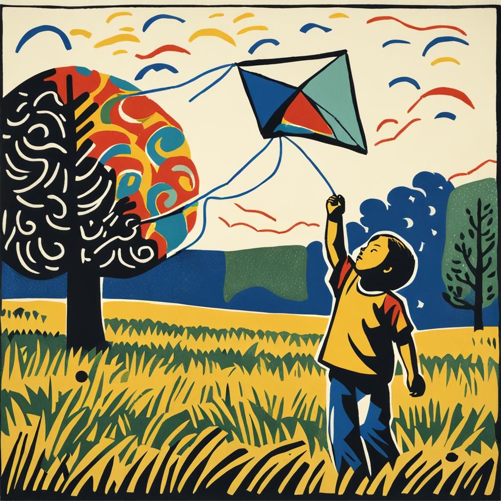 Child Flying Kite in Meadow: Minimalist Screen Print