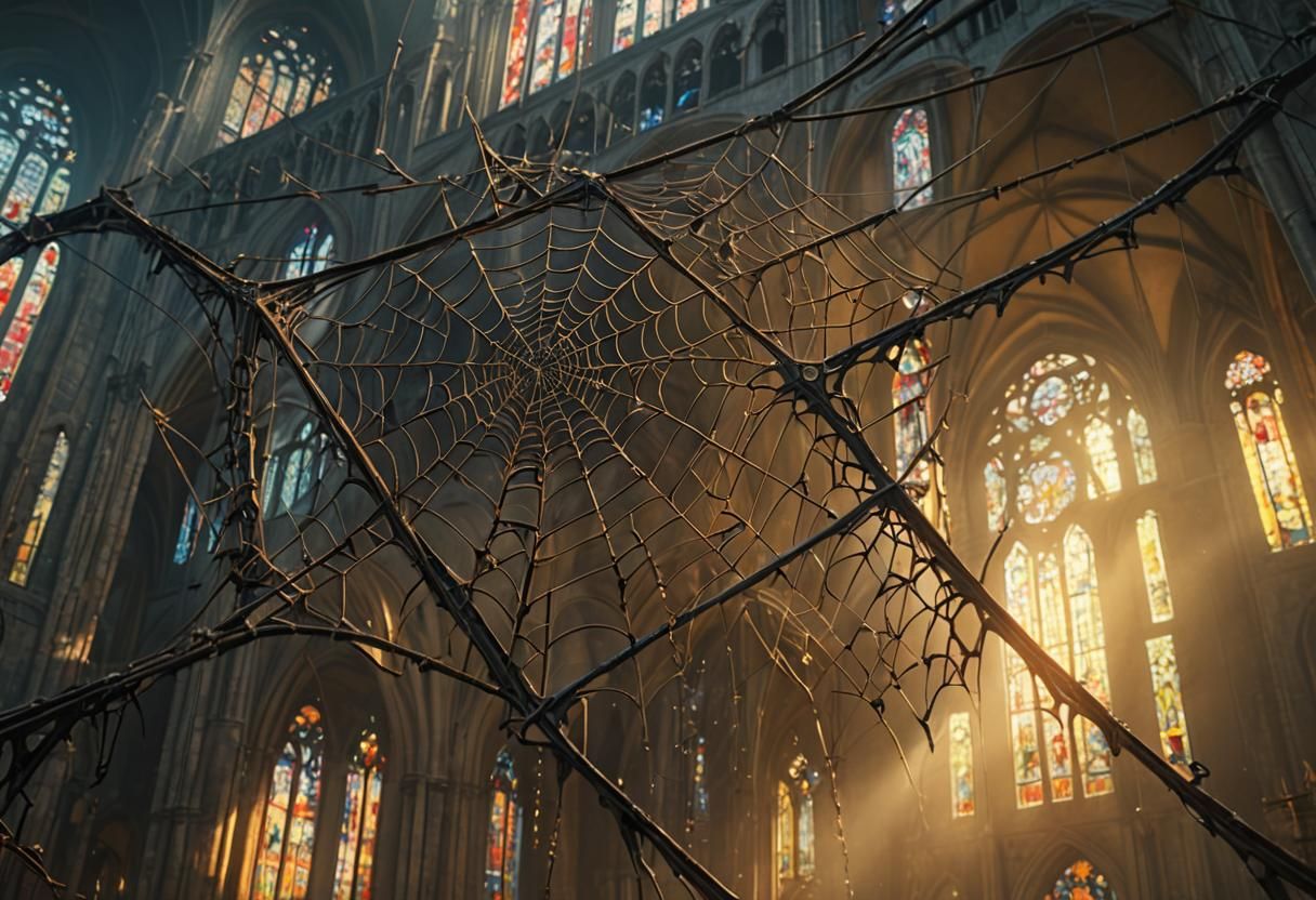 Spider Weaving Web in Abandoned Cathedral