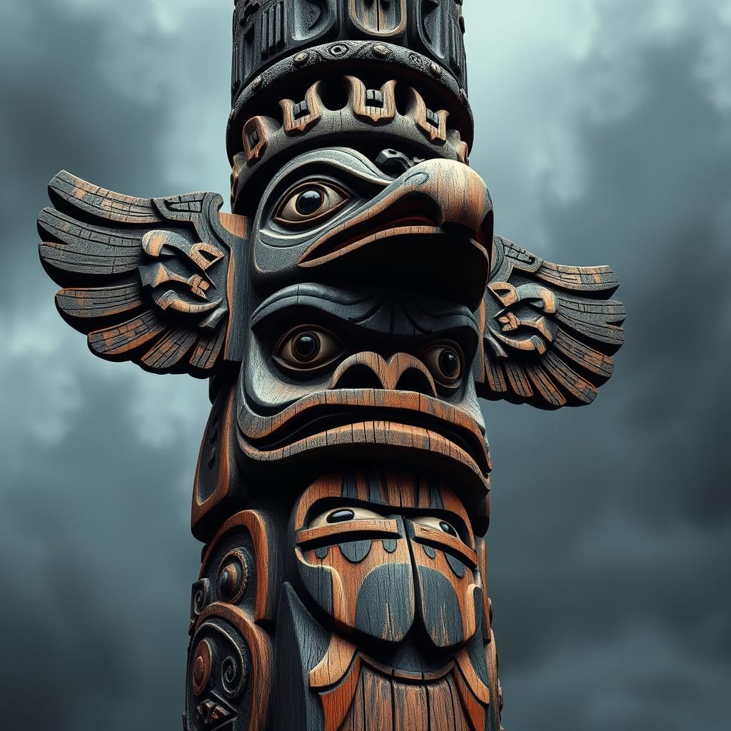 Ornate Wooden Totem in Moody, Ominous Style