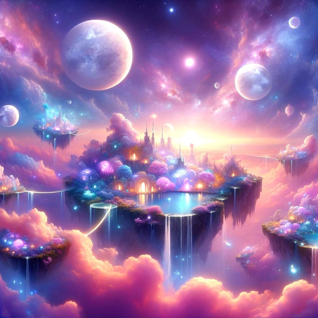 Fantasy Skyland ~ with floating islands covered in glowing gardens.
