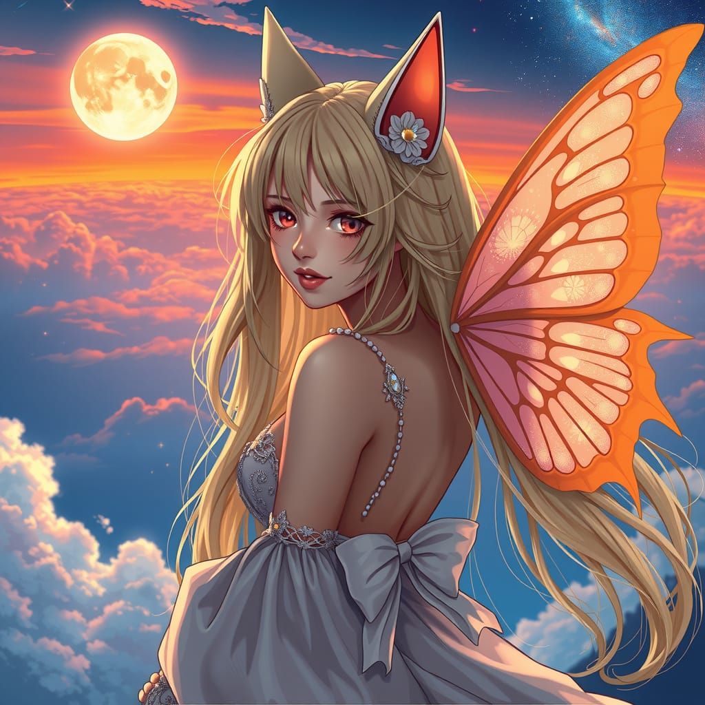 Enchanting Neko Goddess with Butterfly Wings Under Sunset Ga...