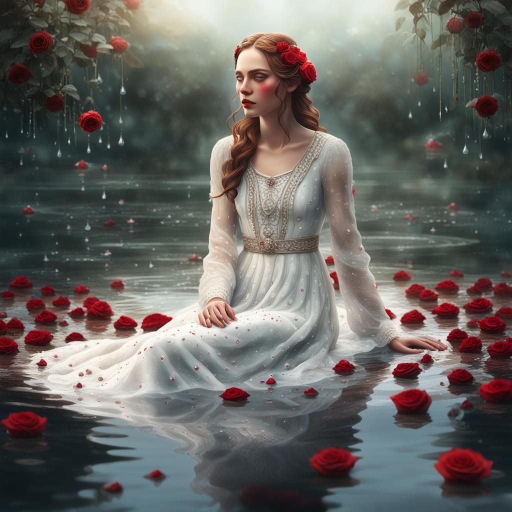 Woman in Lake with Roses: Fantasy Art