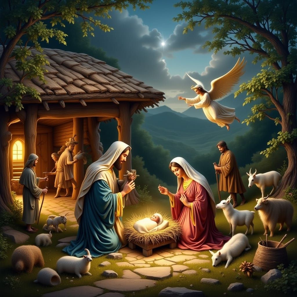Holy Nativity Scene with Manger, Angel, and Family