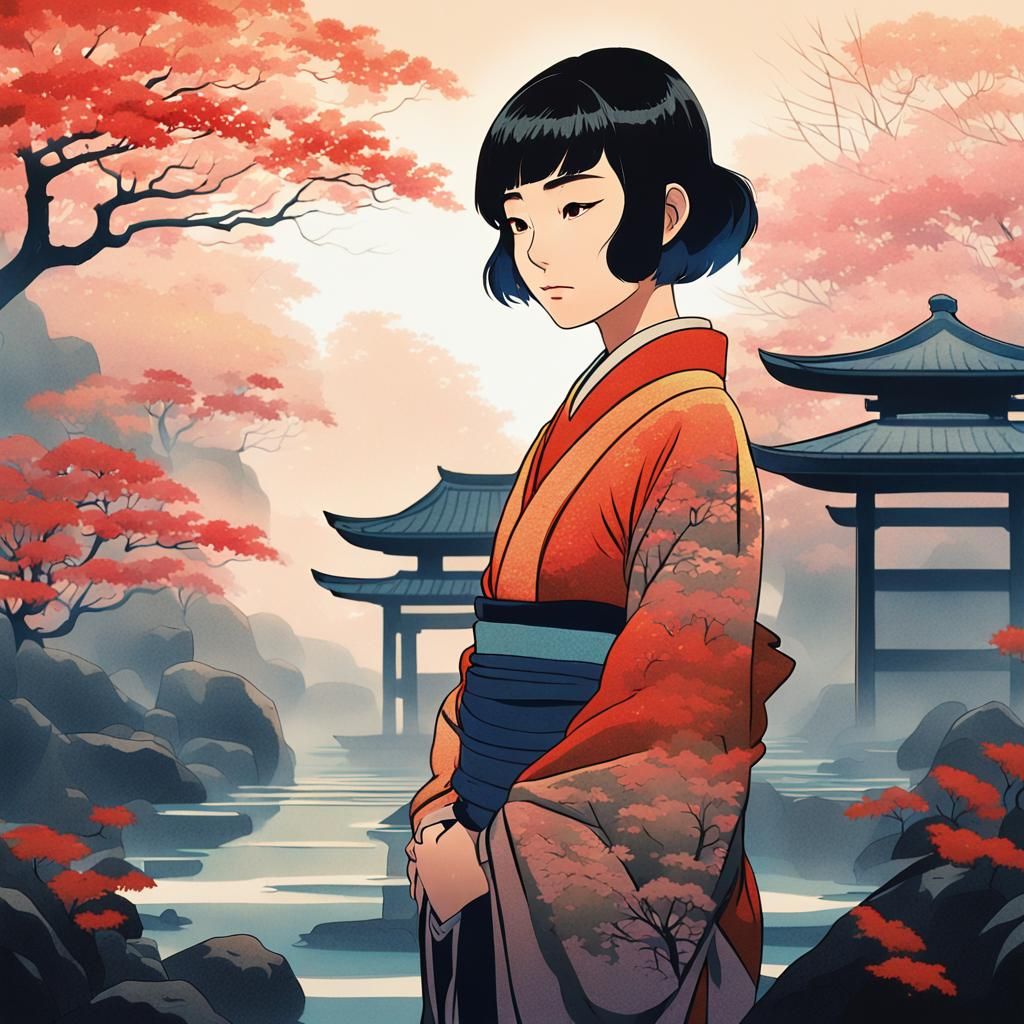 Serene Anime Woman in Misty Zen Garden