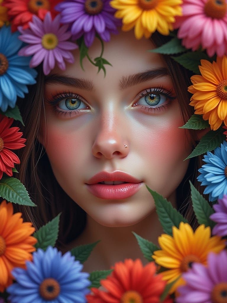 Enchanting Floral Portrait in Hyper-Realistic Oil Painting S...