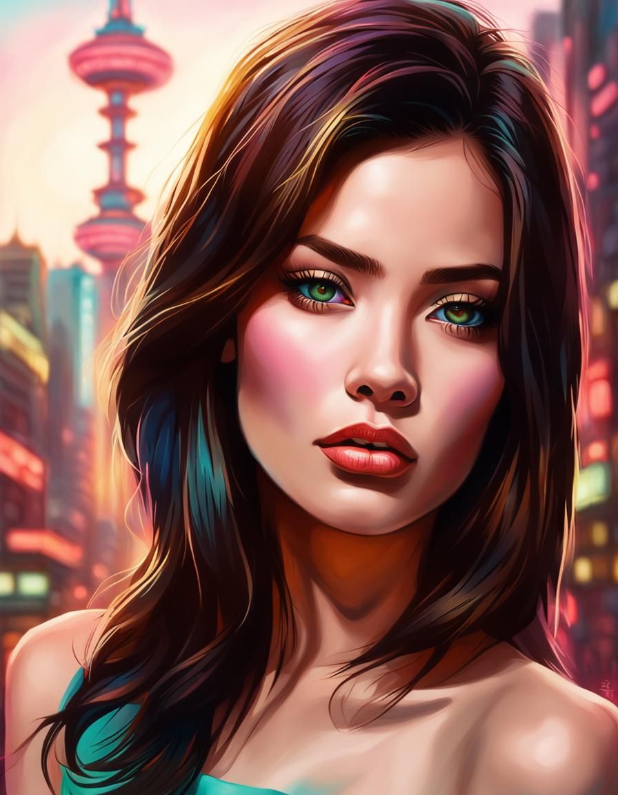 Brunette in Neon Tokyo, Hyperrealistic Style