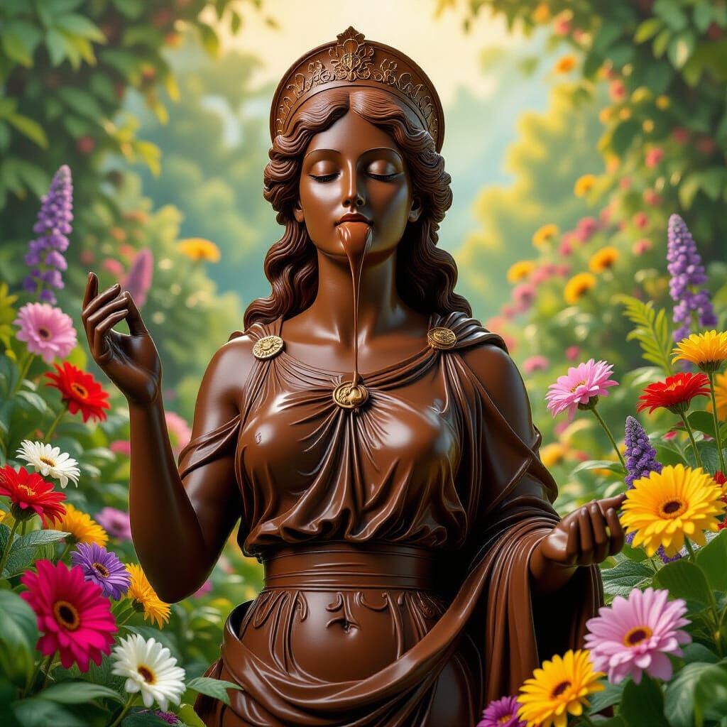 Chocolate Athena in Vibrant Garden, Watercolor Style