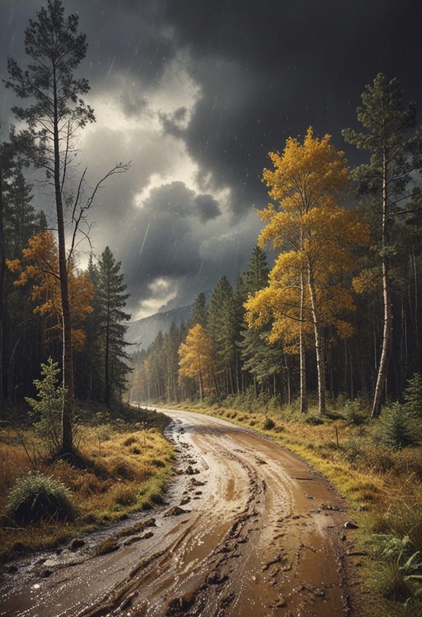 Rainy Slushy Forest Road Scene