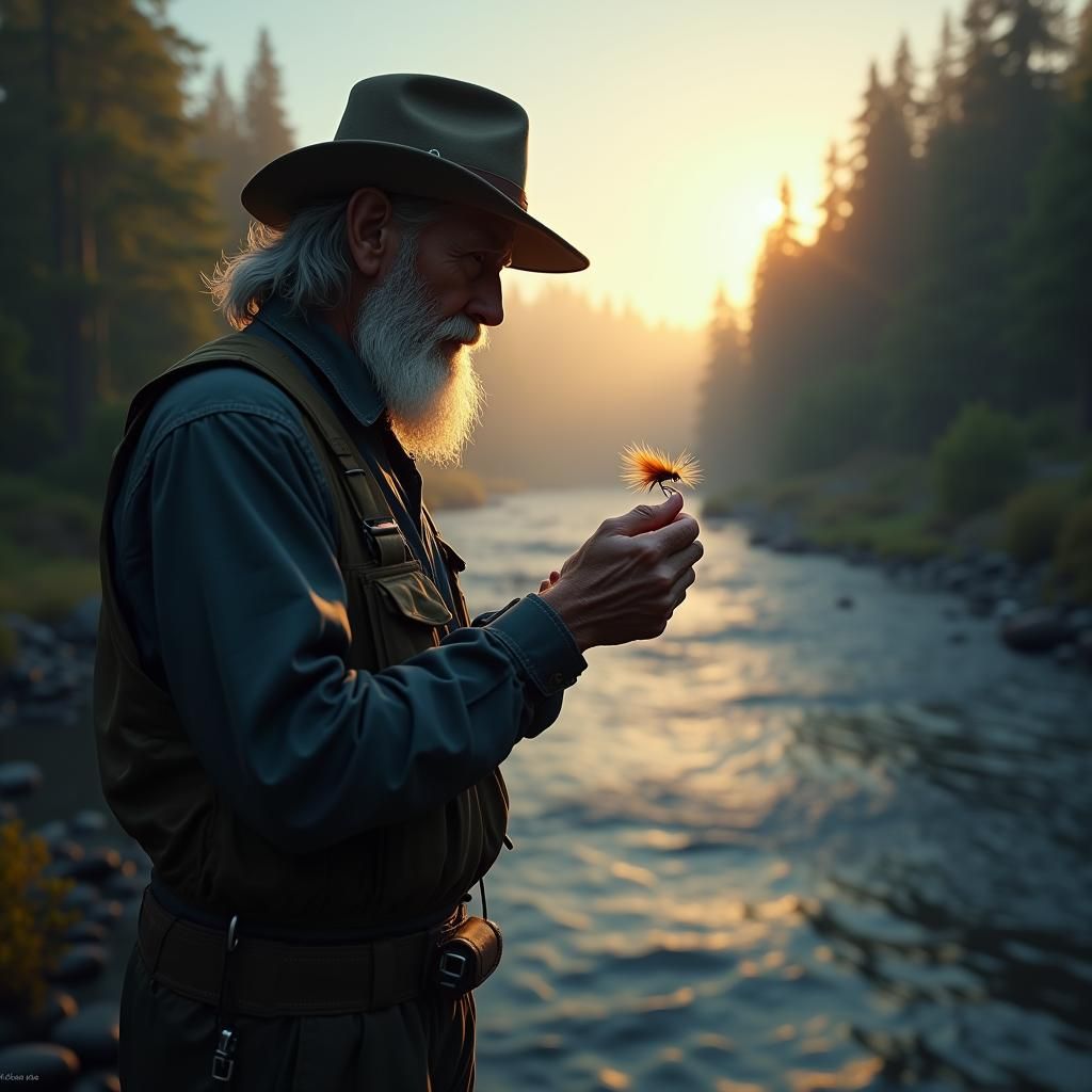 Mystical Riverside Scene: Fly Fishing at Dawn