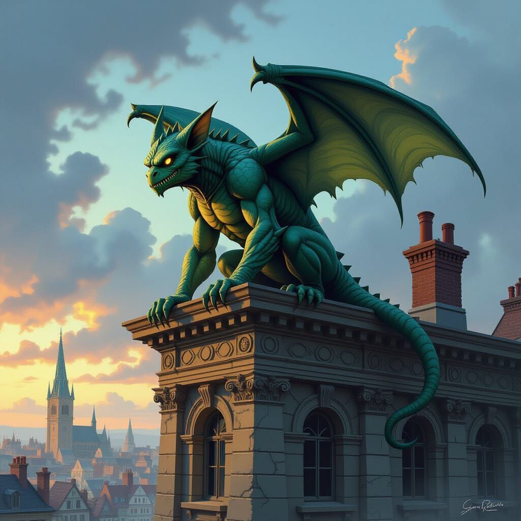 Sinister Gargoyle Comes to Life Overlooking Town