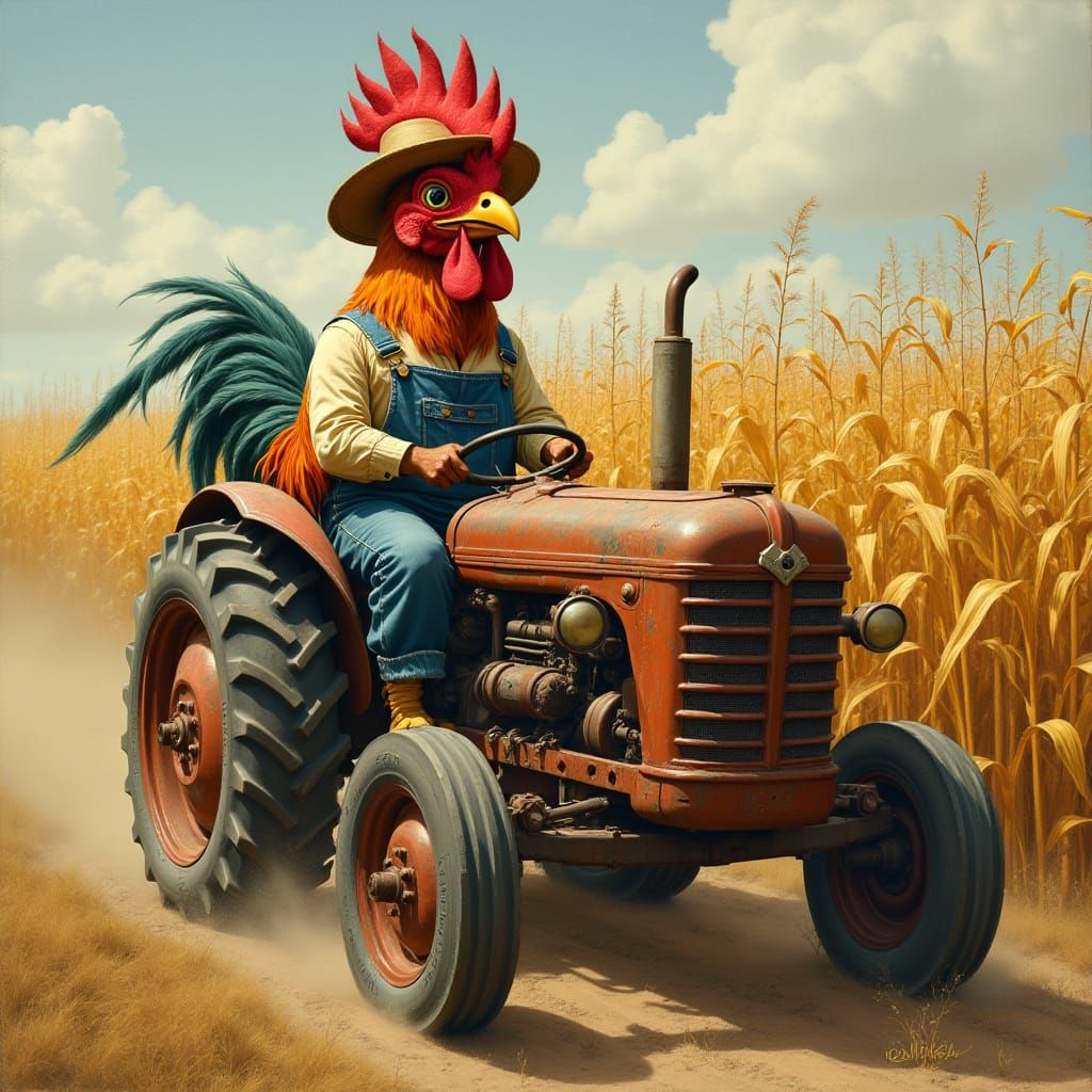 Rooster Man Drives Tractor Through Cornfield