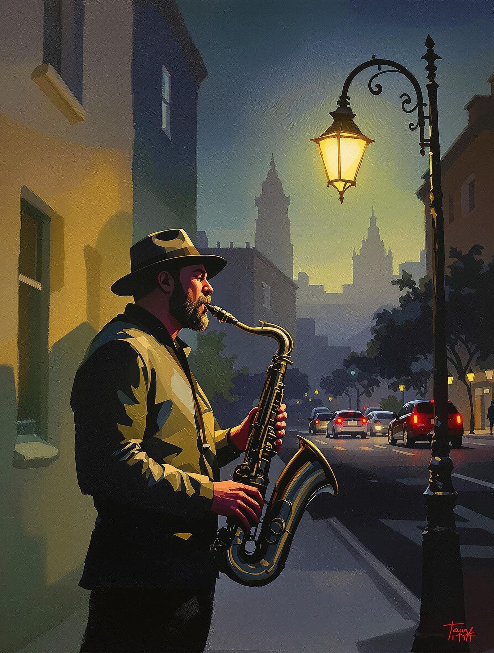 Saxophonist under City Streetlight, Oil on Canvas