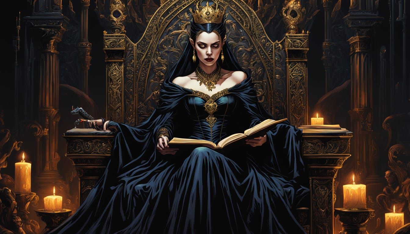 Vampire Queen Reading on Throne in Comic Book Style
