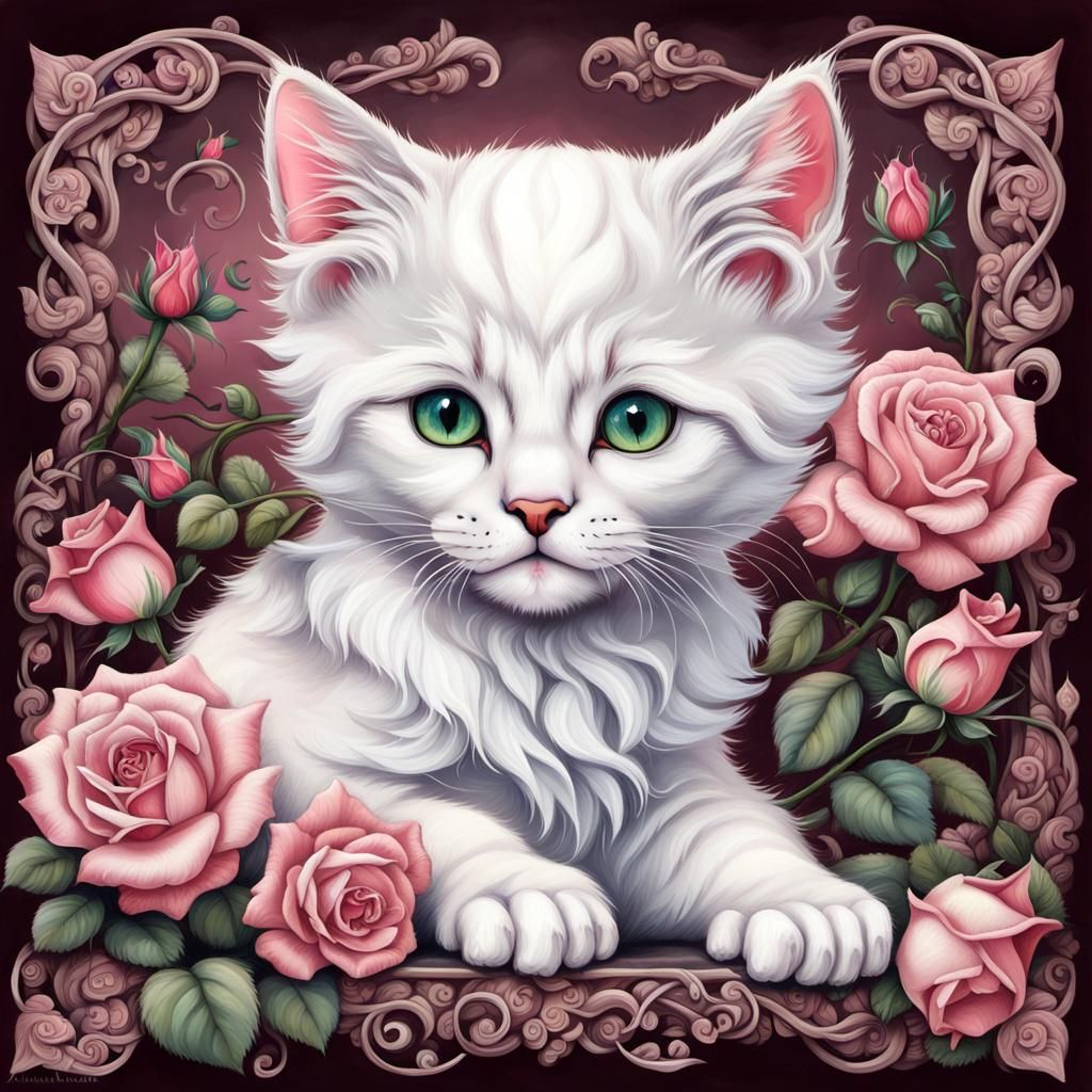 Kitten with Rose Design: Detailed Matte Painting