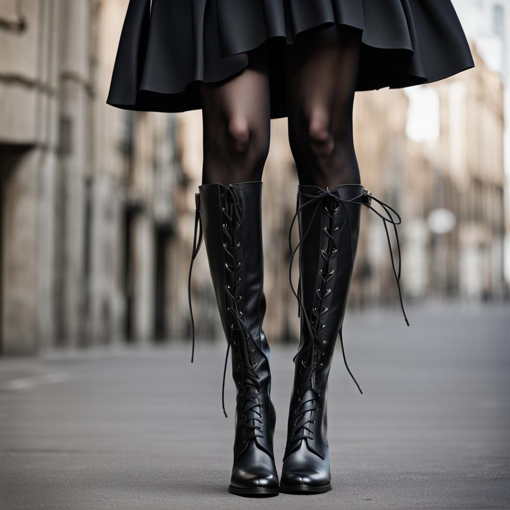 Tall Black Lace-Up Leather Boots and Black Skirt