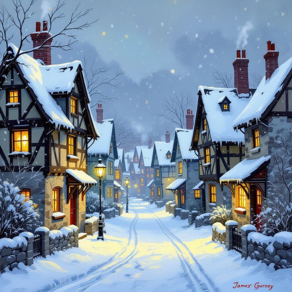 Magic Snowy City Streets with Glowing Windows