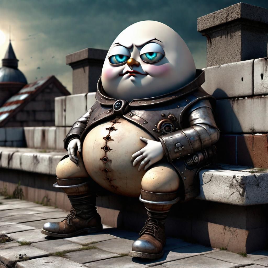 Steampunk Humpty Dumpty with Evil Eyes on Dystopian Wall